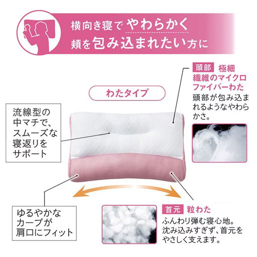 ピンク (わたタイプ)<br>横向き寝で頬をやさしく包み込まれたい方におすすめ。