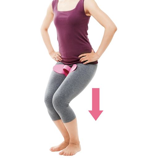 ～部位に合わせて簡単トレーニング～<br>(1)トイレトレーニング&膣トレ【骨盤底筋】【内転筋】<br>脚の付け根にセットし骨盤底筋・内転筋を意識して、内側に力を込めたまま両膝を曲げて3秒キープ。