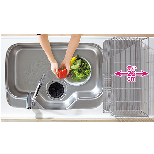 F(1段/幅26～49.5×奥行57cm)<br>縮めればシンク内の作業もラクラク!(E・Fは26cm。A・Bは15cm、C・Dは20cm)