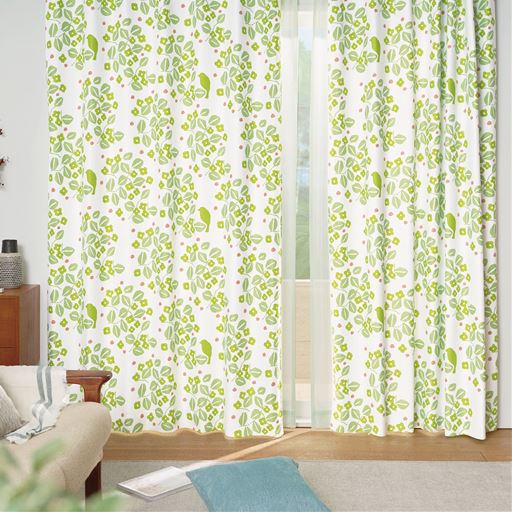 グリーン系(葉音/はおと)<br>日本の四季をやさしく表現した「星燈社」のデザインカーテンです。