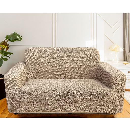 ベージュ 肘ありM (2人掛け用)<br>やわらかな肌ざわりが心地いいイタリア製フィットソファカバーです。