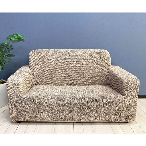 ベージュ 肘ありM (2人掛け用)<br>ストレッチ素材なのでソファの形に合わせてぴったりフィットします。