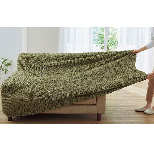 グリーン 肘なしM (2人掛け用)<br>ストレッチ素材でよく伸び、ソファにぴったりフィットします。