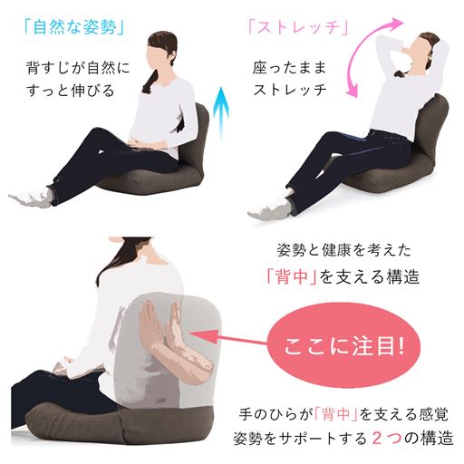 姿勢と健康を考えた背中を支える構造で、負担が少ない姿勢をサポートします。