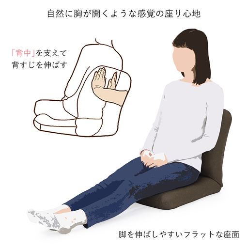 自然に胸が開くような感覚の座り心地で、負担が少ない姿勢をサポートします。