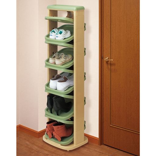 グリーン<br>クルッと回って上下に動くシューズラックです。