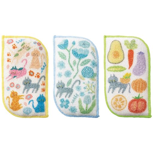 (左から)のるニャンズ・フラワー・ベジタブル<br>柄違いの3個組でお届けします。