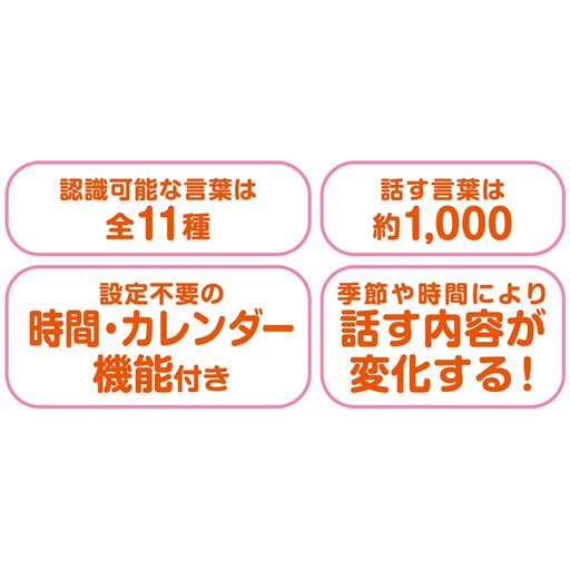 認識可能な言葉は全11種 話す言葉は約1,000 設定不要の時間・カレンダー機能付き 季節や時間により話す内容が変化する!