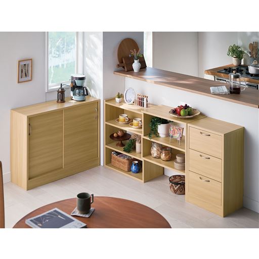 ナチュラル 高さ70cm <br>(左から) C (引き戸幅90cm)・A (伸縮ラック)・B (チェスト)