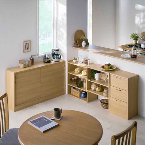 ナチュラル 高さ70cm <br>(左から) D (引き戸幅120cm)・A (伸縮ラック)・B (チェスト)