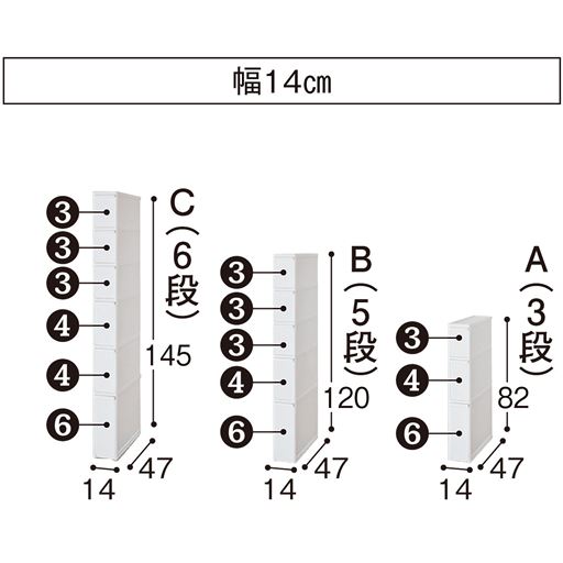 ホワイト 幅14cm ※寸法の単位はcmです。引き出し番号はキャプション3～8枚目の画像についている番号となります。