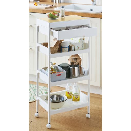 ホワイト B (4段)<br>組立簡単! よく使う小物をひとまとめにできる引き出し付きウッドテーブルワゴンです。