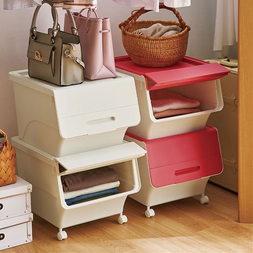 (左から)ホワイト・ピンク E (2個組)<br>中身が取り出しやすい収納ボックスセットです。