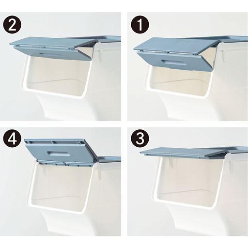 中折れ式のフタは(1)→(2)→(3)と3段階でカチッと止まり、(4)のフルオープンで自立。