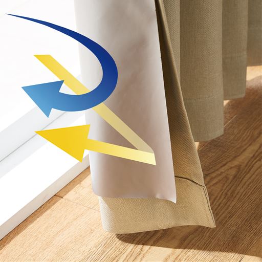 アルミコーティング加工を施した特殊生地が、冷気・熱気やまぶしい光を反射。カーテンとの間に空気層が生まれて遮熱・保温効果がより高まり、冷暖房効率も上がります。