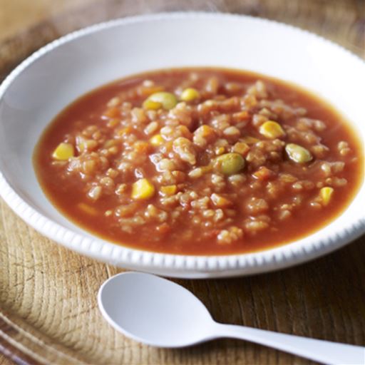 濃厚トマトのスープリゾット<br><br>お肉は使わず野菜だけのやさしいコクを生かした風味、トマトの程よい酸味が効いたヘルシーなスープリゾットに仕上げました。