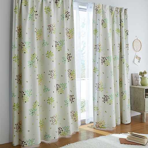 カジュアルリーフ柄プリント遮光カーテン(ハッチ)