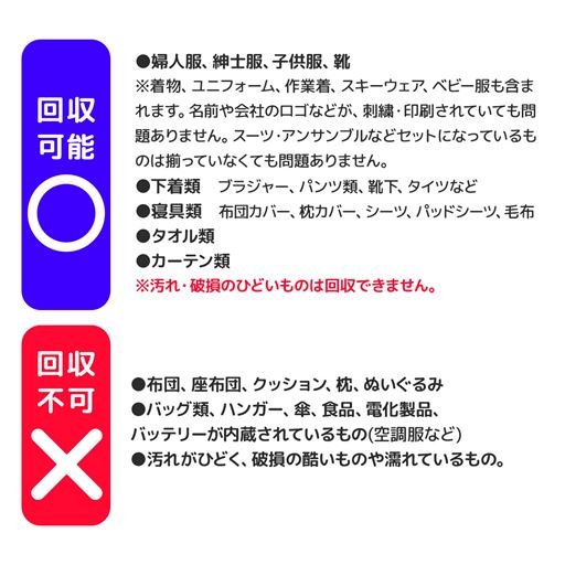 専用回収袋に入れていいもの・ダメなもの(※汚れ・破損のひどいものは回収できません)