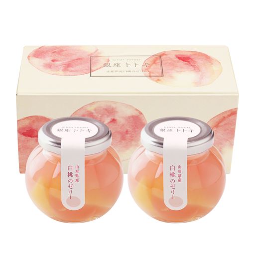 桃の形をイメージした瓶の中に、山形県産白桃の果実と、白桃ピューレで作ったゼリーを閉じ込めました。