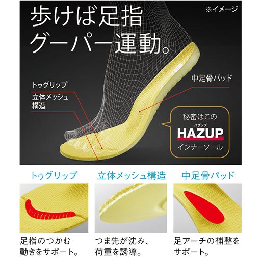 独自の中敷が足指のつかむ動きをサポートし、足指のグーパー運動を活性化。動きに合わせて曲がり裸足のようなはき心地を追求した設計です。