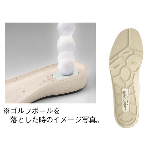 こだわりの中敷 クッション性・通気性のよい凹凸の中敷を採用。かかと部は二重にクッションを配置し、衝撃を緩和。
