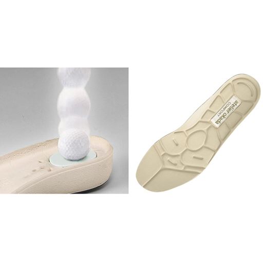 クッション性のよい凹凸の中敷を採用。かかと部は二重にクッションを配置し、衝撃を緩和。