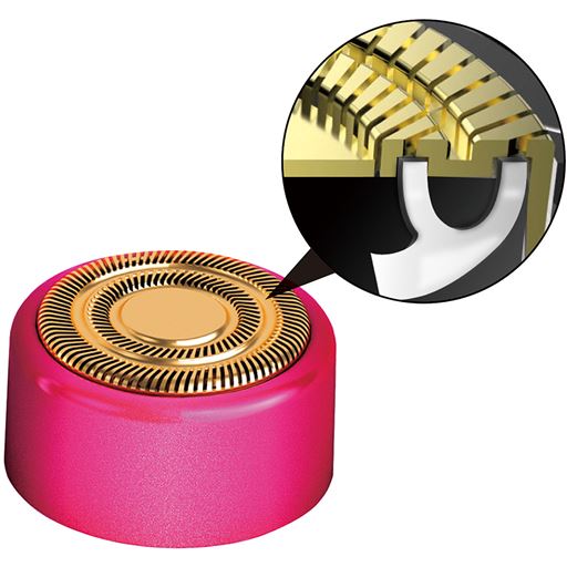 ムダ毛カッター 肌が触れる部分は金属アレルギーが起こりにくい24金メッキ。 刃が直接肌に触れない回転式2枚刃で肌にやさしい。