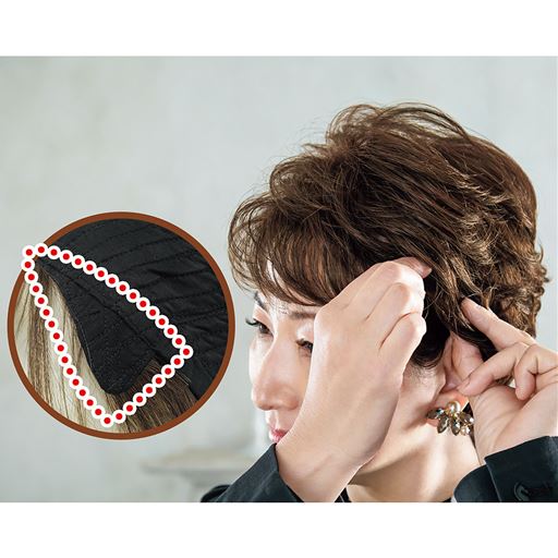 【出し入れできるもみあげ付き】<br>もみあげ部分は内側に折りたためるので、耳にかけても自然。