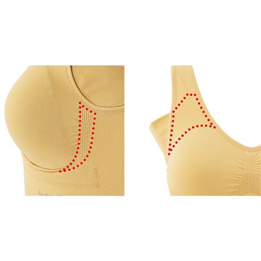 編み立て強度アップ サイドとフロントの編みたて強度をUP。就寝時の上～横流れを抑え、ホールド感を上げ、丸みのあるバストをメイク。