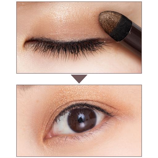 使い方は簡単!まぶたをササッとなでるだけ!<br>※A(シャイニーブラウン)使用イメージ、その他ポイントメイクを施しています。<br>※仕上がりには個人差があります。メーキャップ効果による