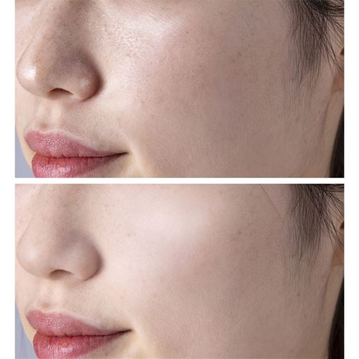 毛穴・くすみを自然にカバー<br>画像上:メイク前<br>画像下:メイク中<br>※メーキャップ効果による<br>※仕上がりには個人差があります