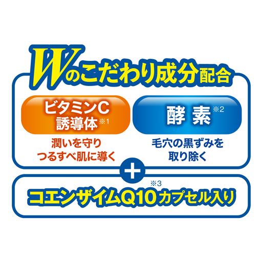 Wのこだわり成分配合 ※1 アスコルビルリン酸Na(保湿成分) ※2 パパイン、リパーゼ(洗浄成分) ※3 ユビキノン(保湿成分)