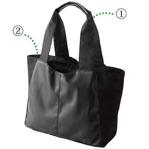 (1)肩から提げてもズレ落ちにくい持ち手 (2)A4ファイルもすっぽり収納