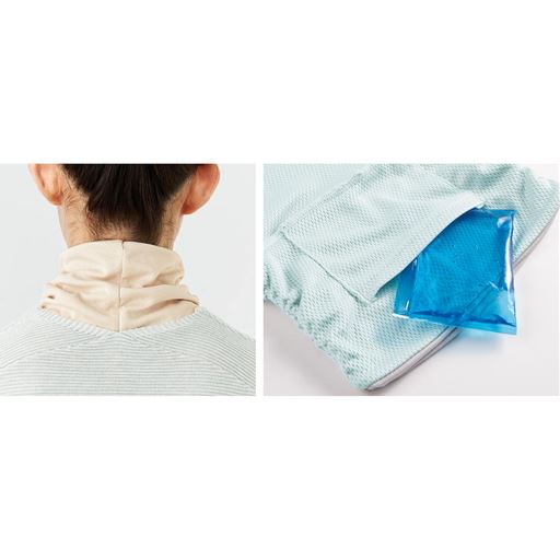フロントと両サイドのシャーリングで立上げ、首筋をカバー。首の後ろ内側に保冷剤が入るポケット付き(約12×8.5cm)※保冷剤は商品に含まれません