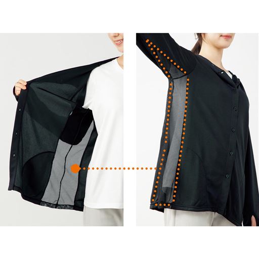 サイド&脇部分はメッシュ素材でムレにくく快適 通気性のよいメッシュ仕様でムレを抑えます。