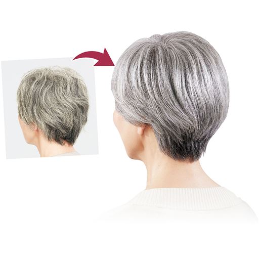 黄ばみ、パサつき、うねりなどが気になる放ったらかし白髪を上品なグレイヘアに<br>※着色見本<br>※着色効果には個人差があります。<br>※黒髪をグレイカラーにする商品ではありません。<br>※繰り返しの使用で徐々に色づくタイプです。