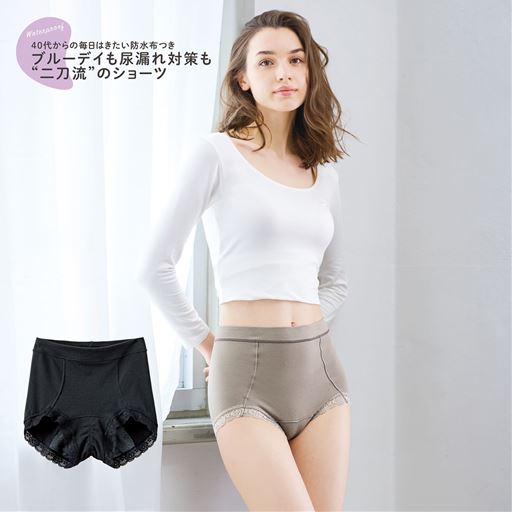 (1)お腹にくい込みにくい やわらかゴムを身生地でくるみました(2)ヒップをすっぽり包み込む(3)デュアルマジック素材 水分を瞬時に拡散。サラッと快適をキープ。