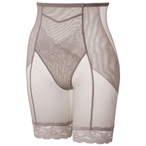 (1)フロントウエストゴムは身生地くるみ仕様でくい込みにくい。(2)パワーネット2重でお腹をシェイプ。(3)足口はレース仕様でくい込み軽減&アウターにひびきにくい。