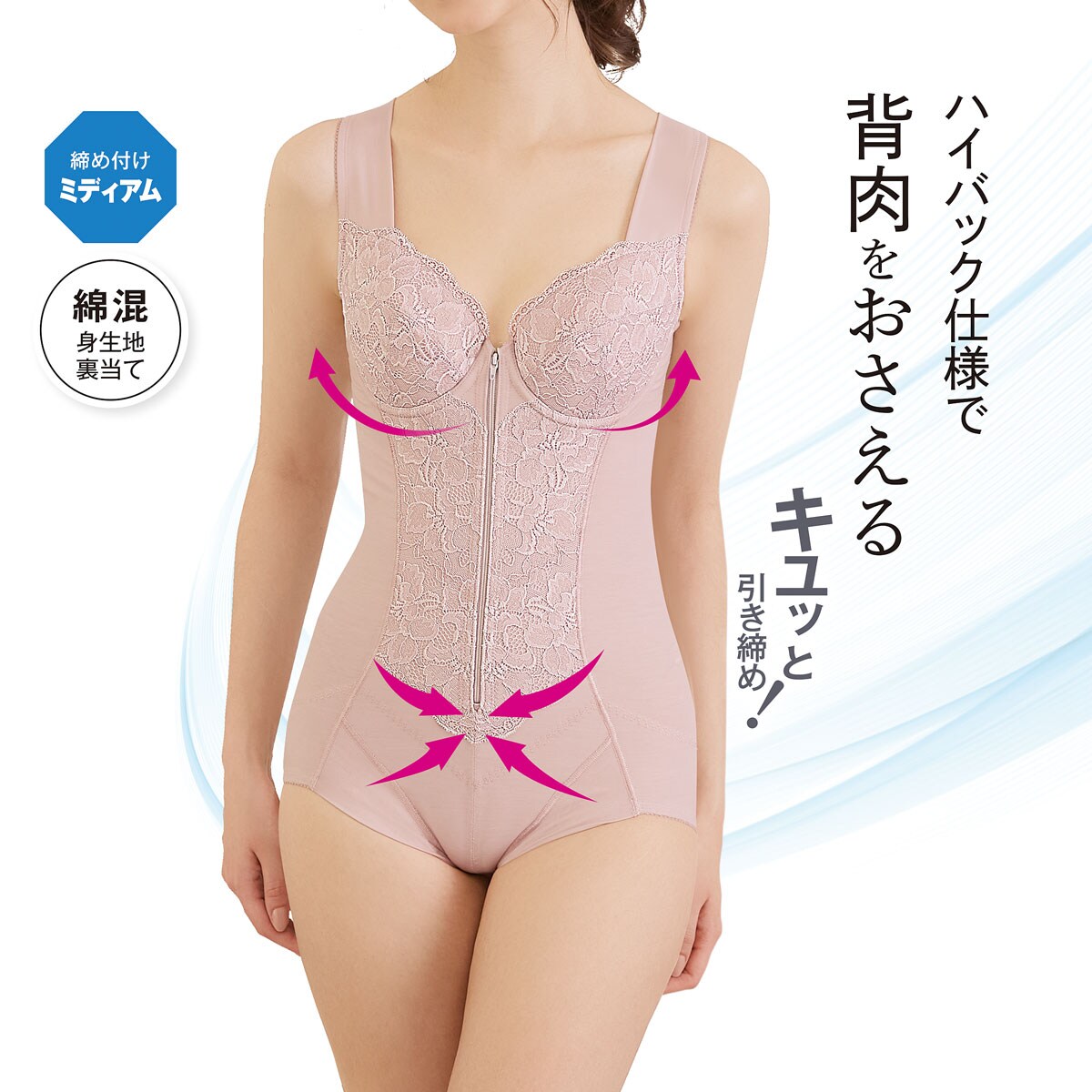 シリコンボディスーツ 肌色 背面ジッパー付き ファスナー付きで着やすい綿混素材のボディスーツ(ミディアムタイプ