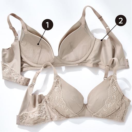 (1)バストになじむやわらかストレッチモールドカップで、ワイヤーなしでもきれいな丸胸をキープ。(2)切りっぱなし仕様だからくい込みにくい。