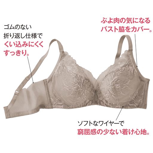 (1)ソフトなワイヤーで窮屈感の少ない着け心地(2)脇上辺はゴムのない折り返し仕様でくい込みにくくすっきり(3)ぷよ肉の気になるバスト脇までカバー
