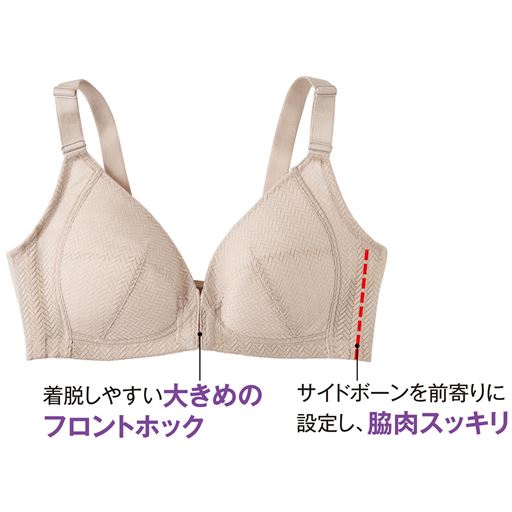 (1)着脱しやすい大きめのフロントホック(2)サイドボーンを前寄りに設定し、脇肉スッキリ