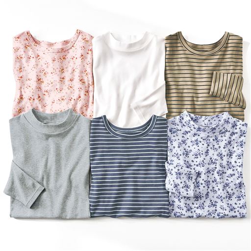 【UP-955・UP-977共通6色】(左上から時計回りに)プリントB(ピンク系)、オフホワイト、ボーダーA(ベージュ×チャコールブラウン)、プリントA(パープル系)、ボーダーB(ダークグレー×ライトグレー)、グレーモク<br>※画像は、プリントB(ピンク系)、ボーダーA(ベージュ×チャコールブラウン)、ボーダーB(ダークグレー×ライトグレー)はUP-977、オフホワイト、プリントA(パープル系)、グレーモクはUP-955(同素材商品)です。