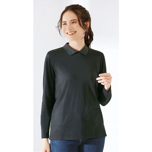 カジュアルにもキレイめにも。きちんと見えする小さめの衿が付いたTシャツ。 ブラック着用例