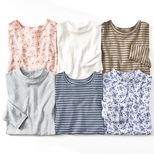 【UP-977・UP-955共通6色】(左上から時計回りに)プリントB(ピンク系)、オフホワイト、ボーダーA(ベージュ×チャコールブラウン)、プリントA(パープル系)、ボーダーB(ダークグレー×ライトグレー)、グレーモク<br>※画像は、プリントB(ピンク系)、ボーダーA(ベージュ×チャコールブラウン)、ボーダーB(ダークグレー×ライトグレー)はUP-977、オフホワイト、プリントA(パープル系)、グレーモクはUP-955(同素材商品)です。