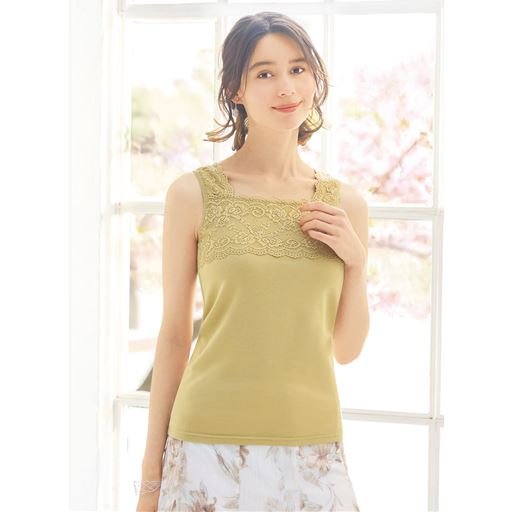 ストラップ留め付きレース使いタンクトップ(綿混素材)