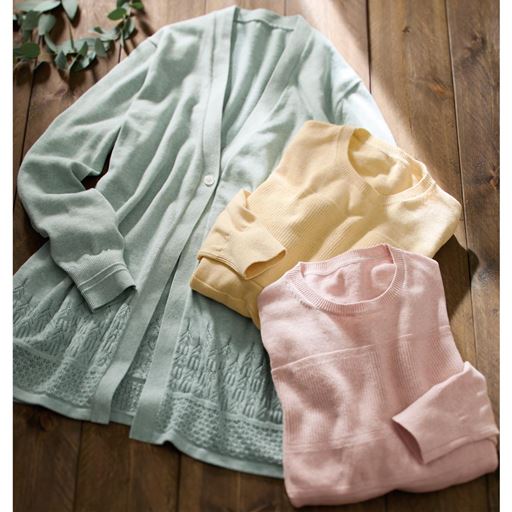 (上から)グリーン系(梔子)、イエロー系(檸檬)、ピンク系(桜)<br>※カーディガンはMS-3265です。