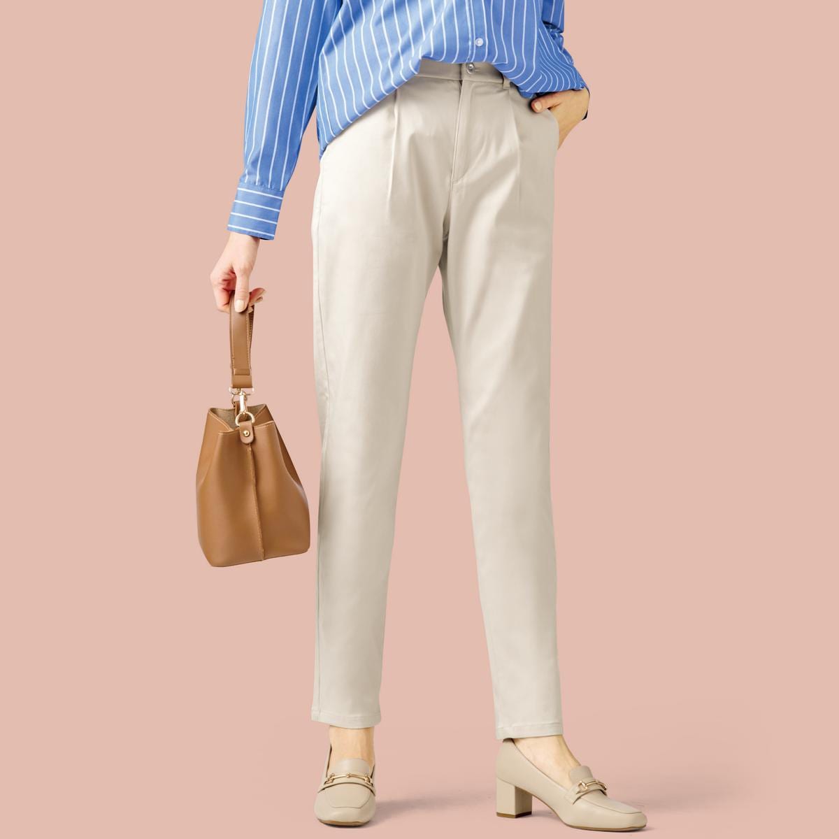 綿サテンストレッチテーパードパンツ(洗濯機OK) - ファッション通販