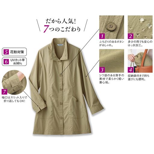 だから人気!7つのこだわり (1)ふちどりのあるボタンがおしゃれ。 (2)多少の雨でも安心のはっ水加工。 (3)シワ感のある薄手の素材で柔らかく軽い着心地。 (4)収納袋付きで持ち運びにも便利。 (5)花粉対策 (6)UVカット率約98% (7)袖口はスリット入りで折り返してもOK!