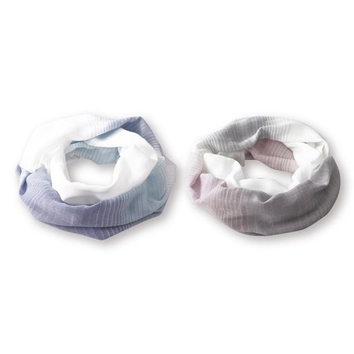 綿100%ふんわりガーゼのお洒落スヌード。ブルー系とグレー系の2色組です。